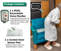 DUAL Alarm - TWO Alarms In One - (This package includes a CHAIR Sensor Pad) - RECORD YOUR OWN MESSAGE!