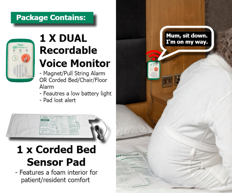 Dual Alarm - Two Alarms In One -  (This package includes a Bed Sensor Pad) - Record Your Own Message!