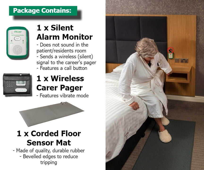 Bed/Room Exiting Floor Mat with Carer Pager - No Alarm Noise In Room | Austin Medical - Products to help reduce elderly falls from bed or chair! Bed/Room Exiting Floor Mat with Carer Pager - No Alarm Noise In Room | Austin Medical - Products to help reduce elderly falls from bed or chair!