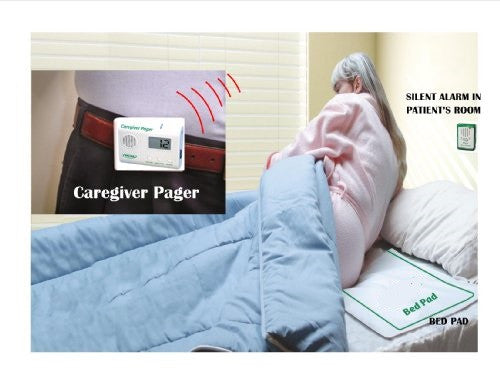 BED EXIT ALARM, PAD & WIRELESS PAGER...NO ALARM IN PATIENT'S ROOM & CARER CARRIES A PAGER